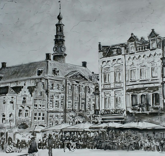 Markt, Stadhuis, café Kleine Werelt en Tijl Uilenspiegel MARQUA152, incl. lijst