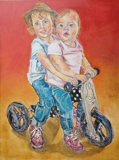 Twee kinderen op houten fietsje, in opdracht geschilderd (nr.18)