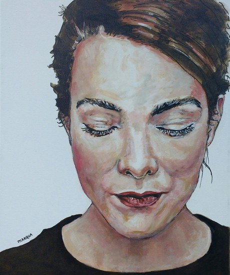 Portret Caro, inkt op linnen doek €395