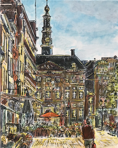 Stadsgezichten 's-Hertogenbosch getekend en geschilderd met rietpen en penseel in inkt, eventueel aangevuld met olieverf.