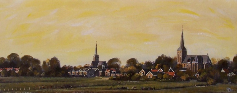 Dorp in ondergaand zonlicht