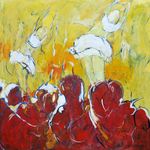 Hoewel figuratief van opzet zijn de mensfiguren geabstraheerd, maar nog wel herkenbaar. Ik schilder de figuren vaak bijna weg onder felle kleurvlakken en haal ze soms weer met enkele schetslijnen tevoorschijn.