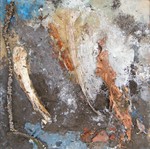 Materiaalexperimenten, strandvondsten, lappen stof en andere gevonden voorwerpen kan ik een plek geven in mijn materie-schilderijen, gemengde technieken dus.