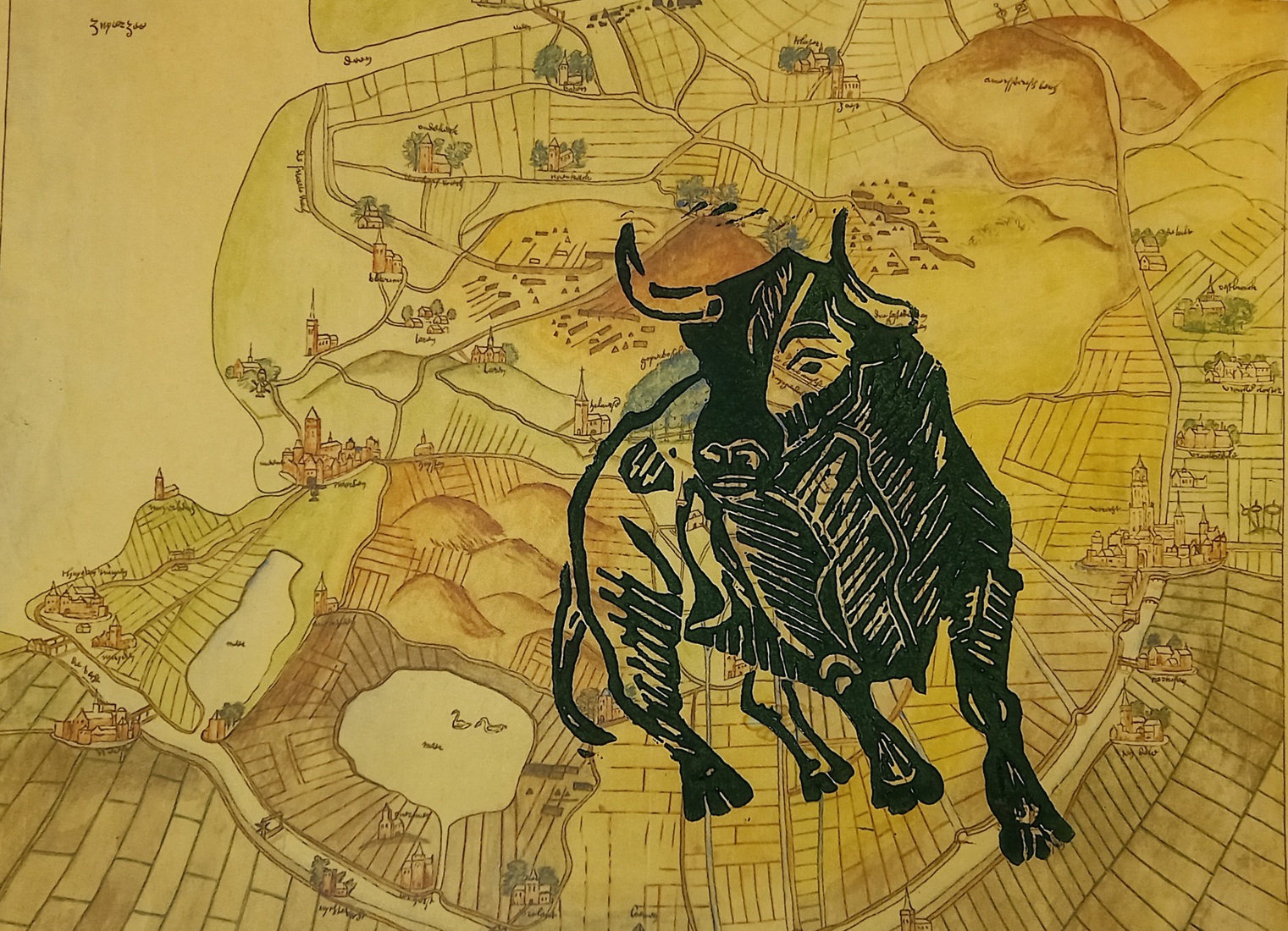 Stier op oude landkaart