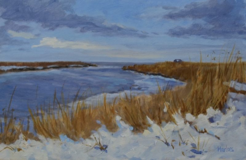 Landschap schilderij, Nieuw Statenzijl in de sneeuw