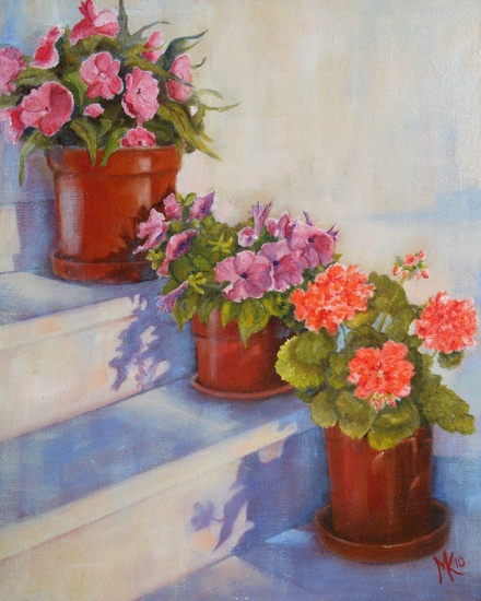 Potten bloemen in de avondzon op Lesbos