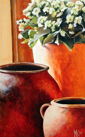 Potten met witte bloemen