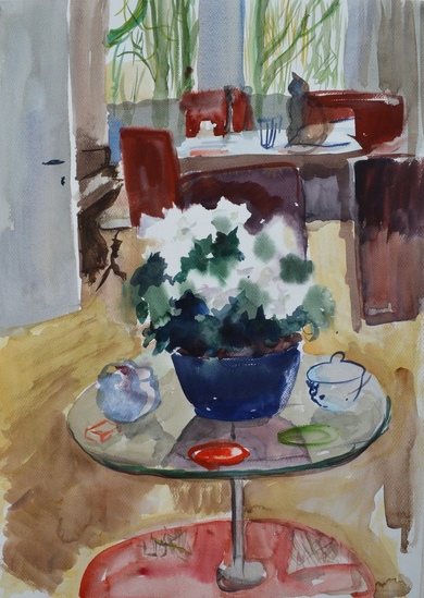 interieur met blauwe kom