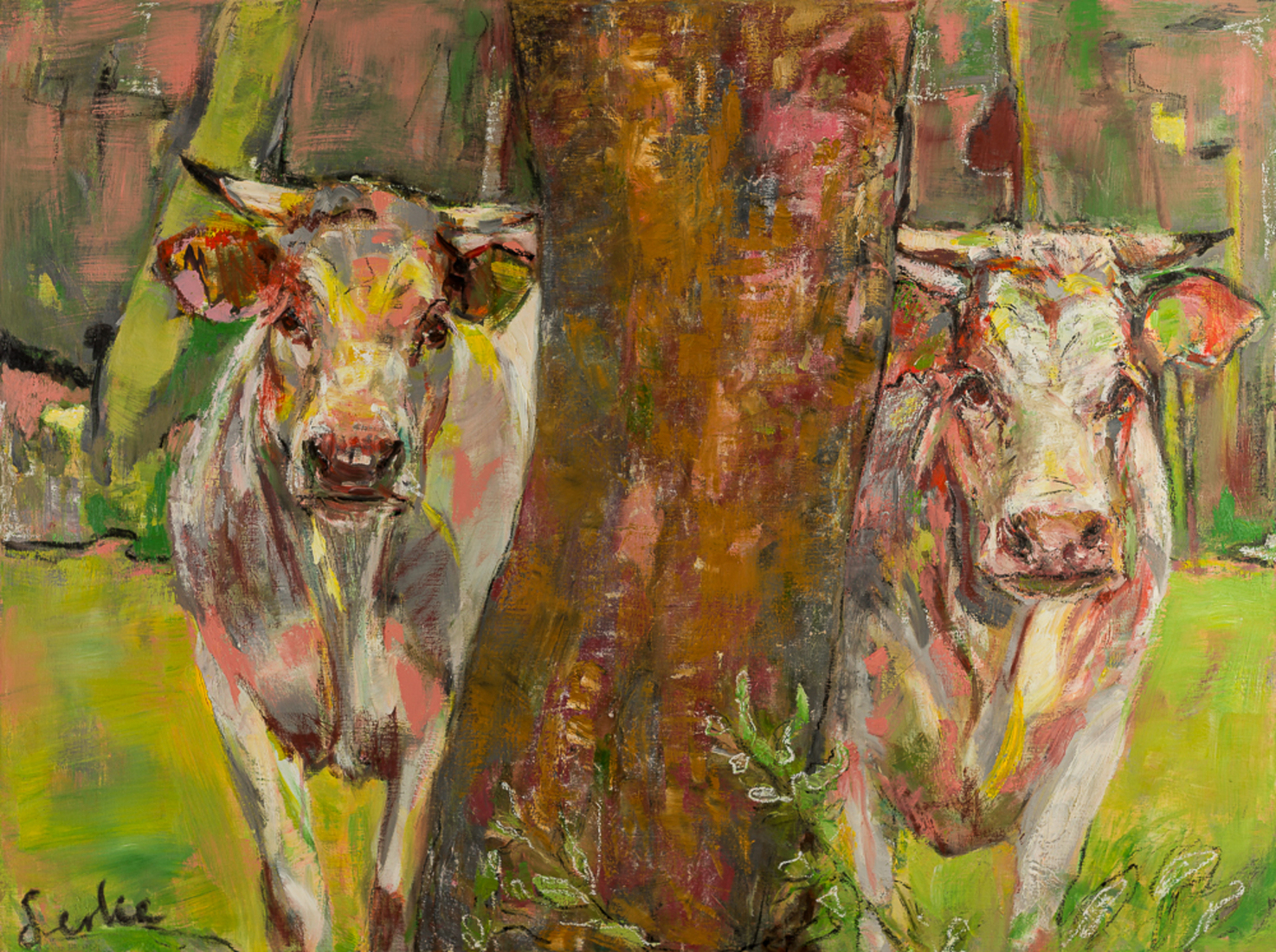 Twee koeien achter de boom, koeienschilderij