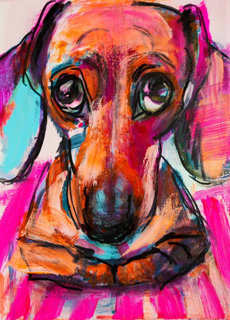 Hond, schilderij van een Teckel, figuur 04, portret