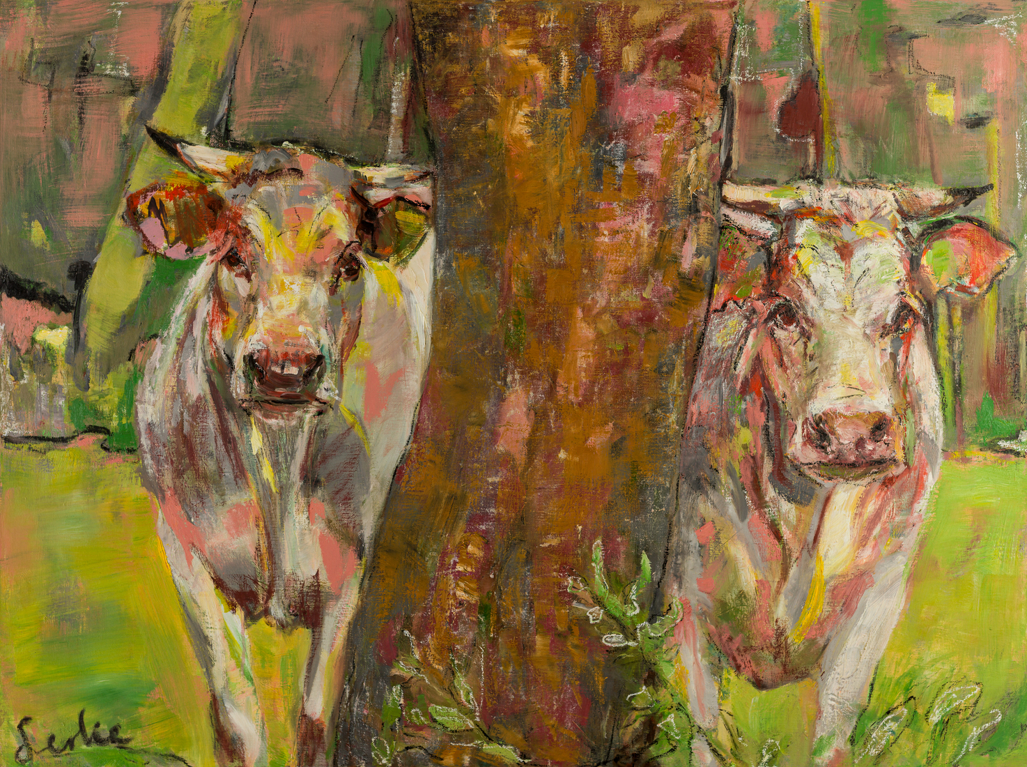 Two cows behind the tree, painting