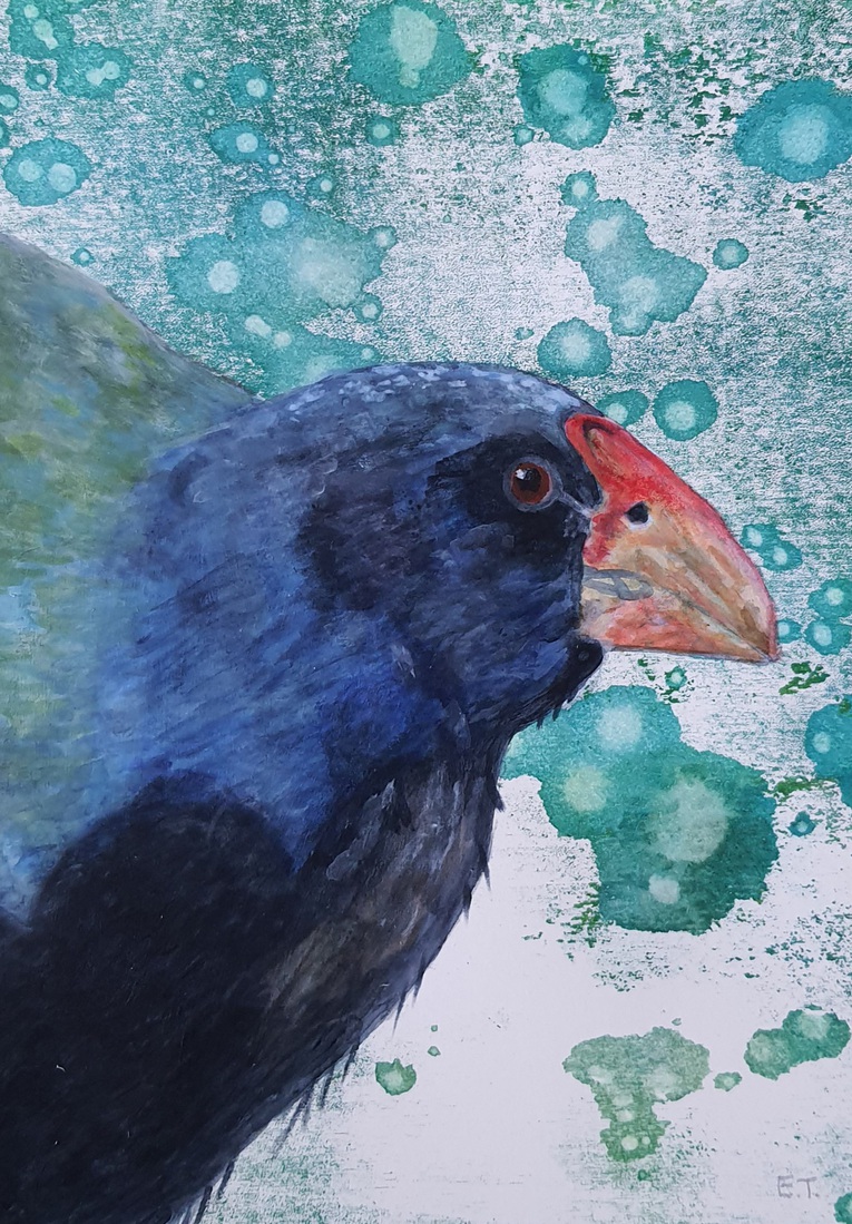 Takahe op een monoprint