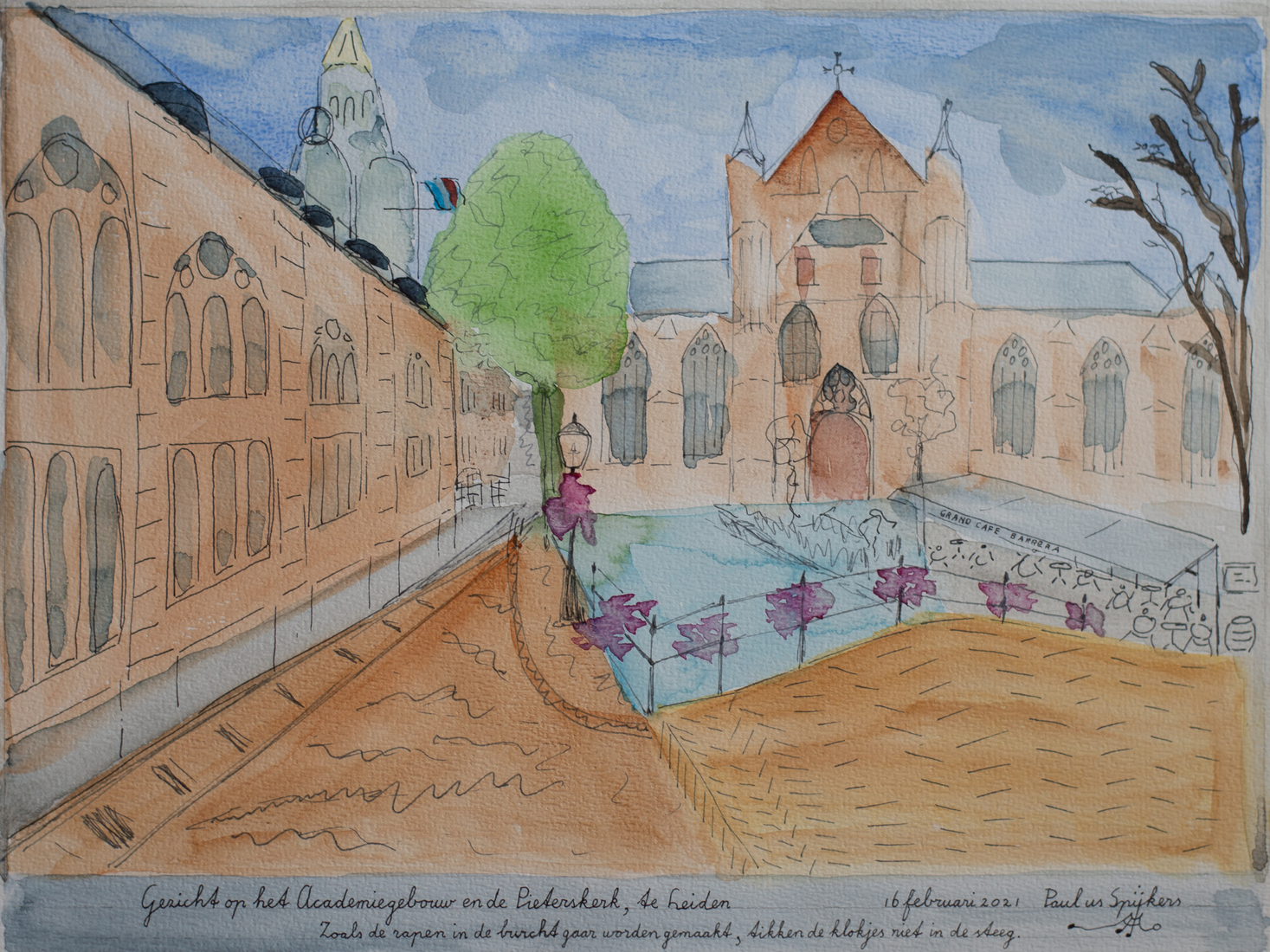 Gezicht op het Academiegebouw en de Pieterskerk, te Leiden