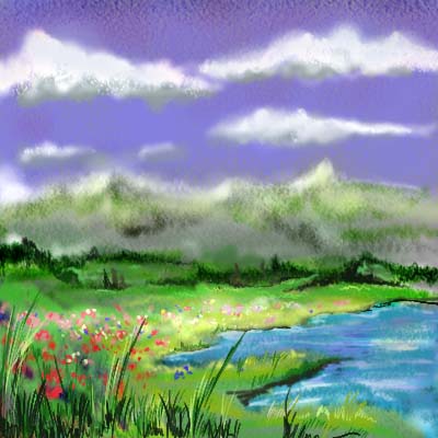 bloemveld met bergen