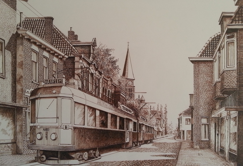 Blauwe tram in de Hoofdstraat.