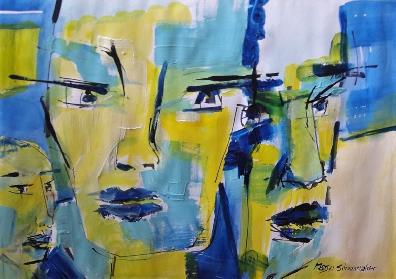 portret collage in blauw en geel