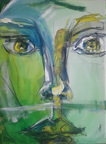 Portret, impressie in groen en blauw