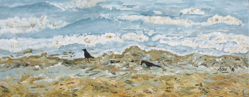 Zwarte vogels aan het strand.