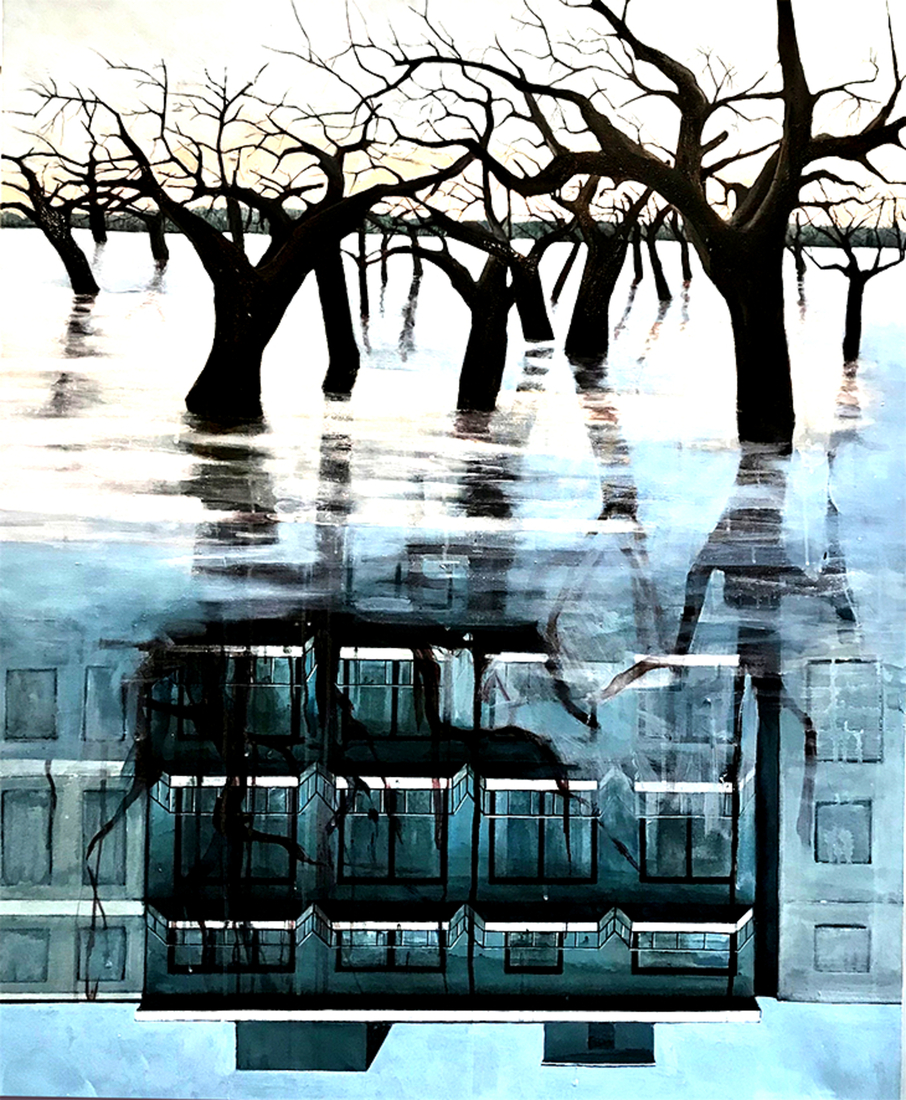 apple orchard on the riverbank(