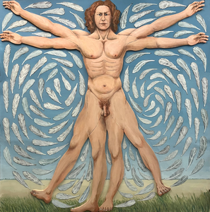 This series is inspired by Vitruvius, the perfect human (male) proportions enclosed by a square and a circle. The pursuit of perfect proportions can also become an obsession, becoming trapped within a framework that starts to feel oppressive.

The feathers (wings) symbolize the desire to escape from the fixed framework.