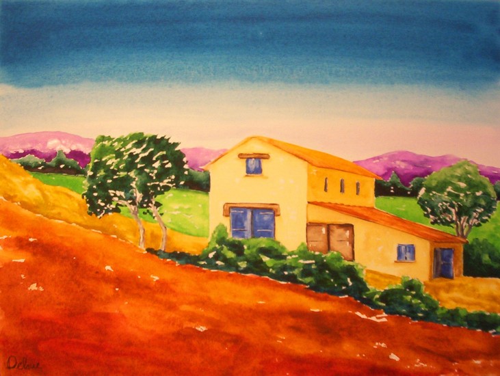 Aquarel Frans huis met blauwe luiken