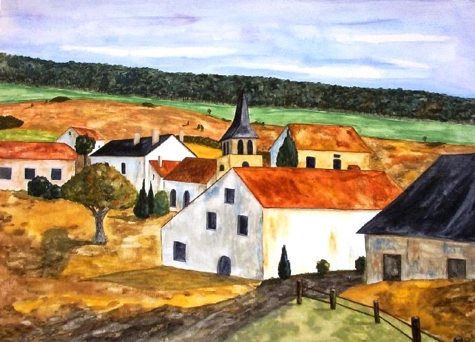 Aquarel Frans dorpje Rouelles