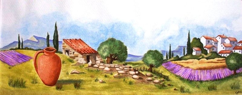 Aquarel Frans landschap met lavendel