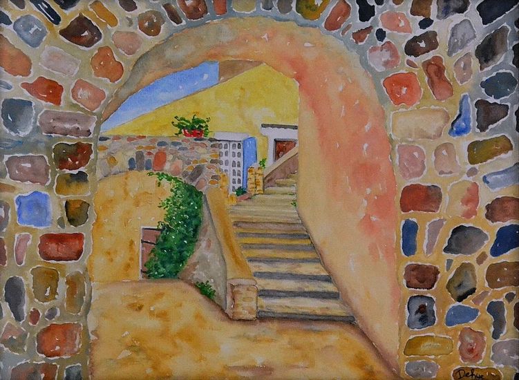 Aquarel Frans straatje met poort