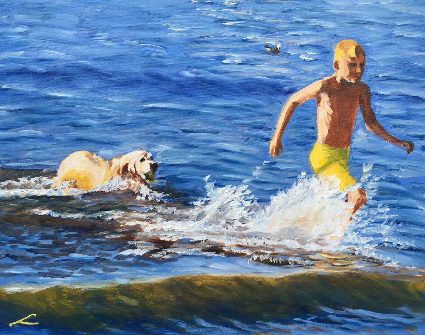 Jongen, zee en een natte hond