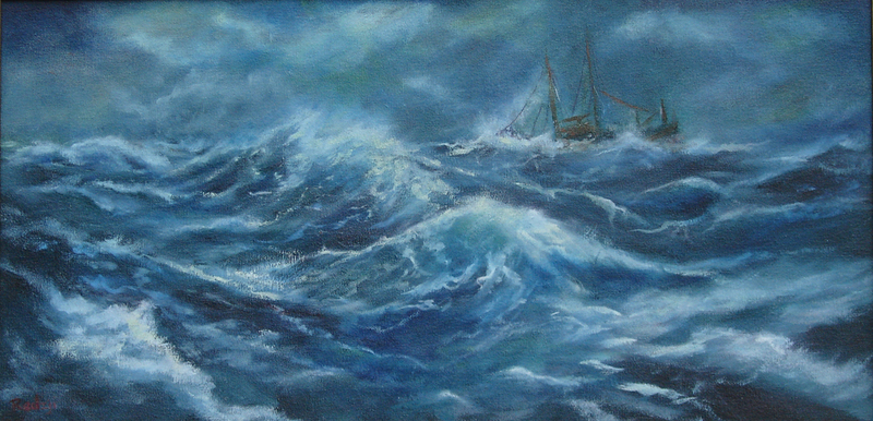 Zeegezicht schip in storm