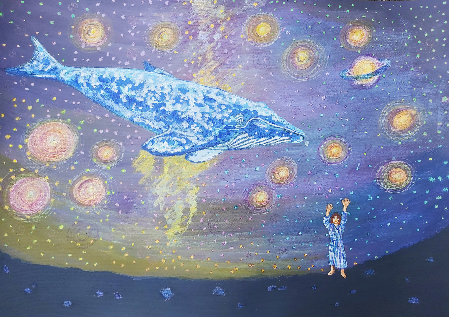 Blue whale and purple planet