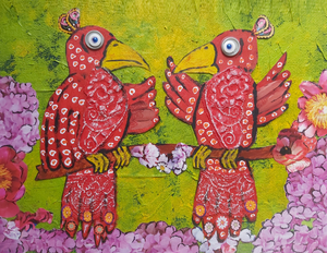 In deze groep staan kleurrijke werkstukken, gemaakt in diverse technieken