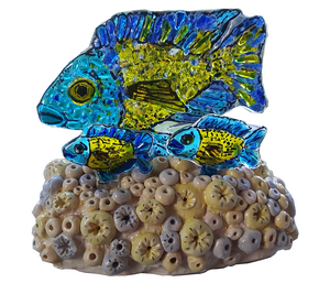 Glasfusing, diverse vogels, bloemen en andere thema's. Vaak staat het glas in een werkstuk van keramiek.