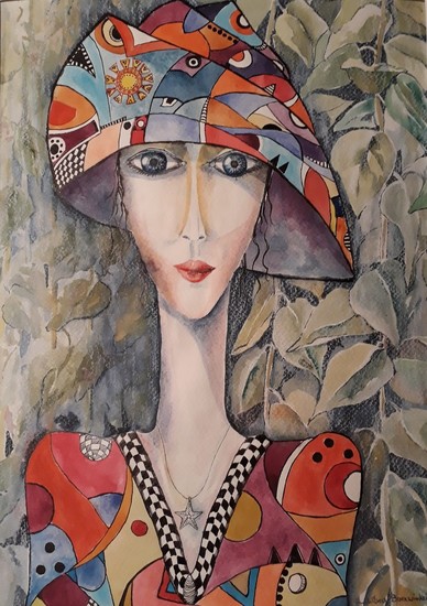 vrouwenhoofd (01) in blauw en oranje