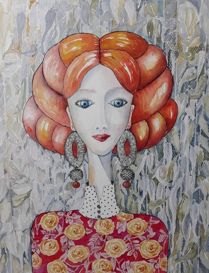 vrouwenhoofd (02) in warm rood/oranje-tinten