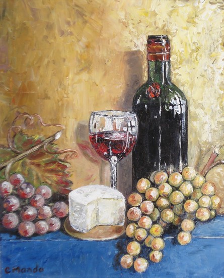 Red wine, grapes and cheese