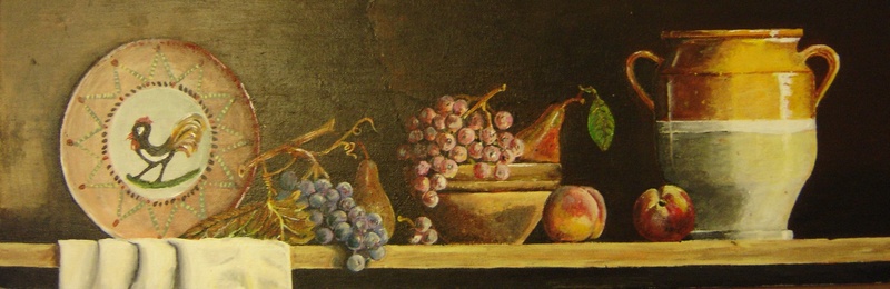 Traditional shelf with fruits and Horezu pottery