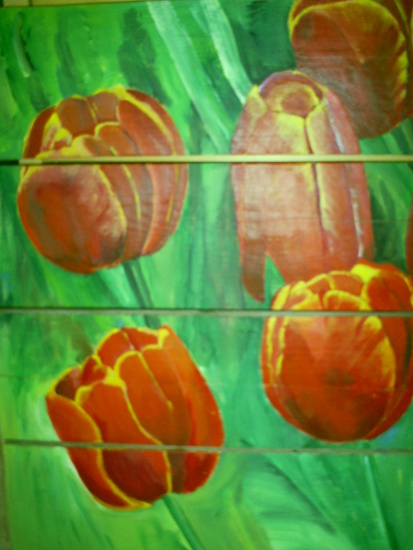 Tulpen veld op steiger hout