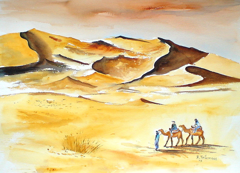 In de Woestijn bij Valavond, aquarel van landschap