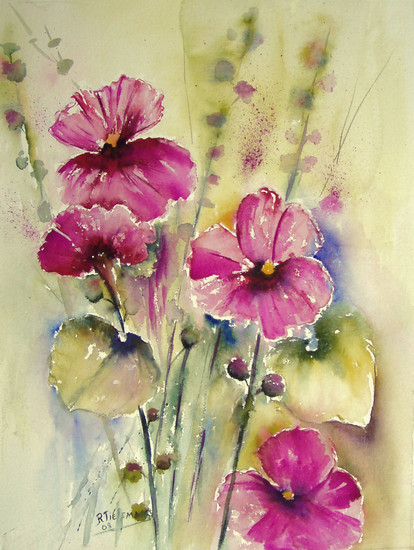 Paarse Stokrozen, aquarel van bloemen