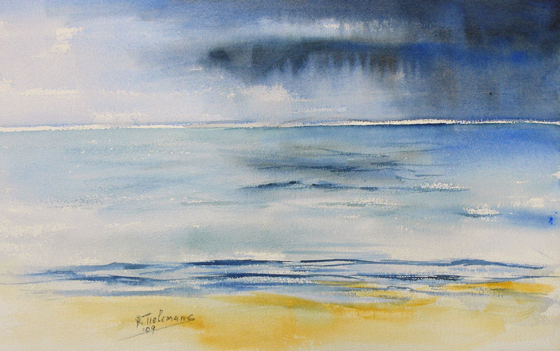 Regenbui boven Zee, aquarel van landschap