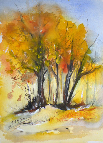 Herfst in het Bos, aquarel van landschap