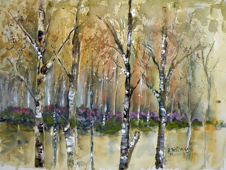 Rodondendrons in het Bos, aquarel van een bos