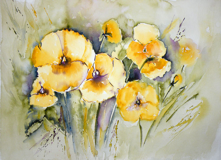 Gele Viooltjes, aquarel van bloemen