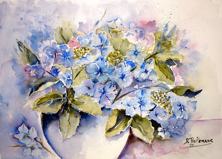 Blauwe Hortensia’s in Vaas, aquarel van bloemen in vaas