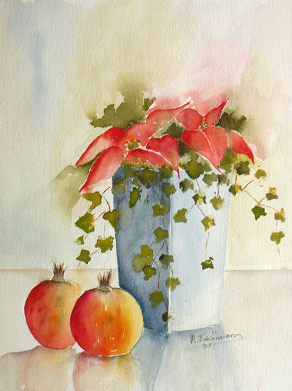 Kerstroos met Granaatappels, aquarel van bloem en fruit