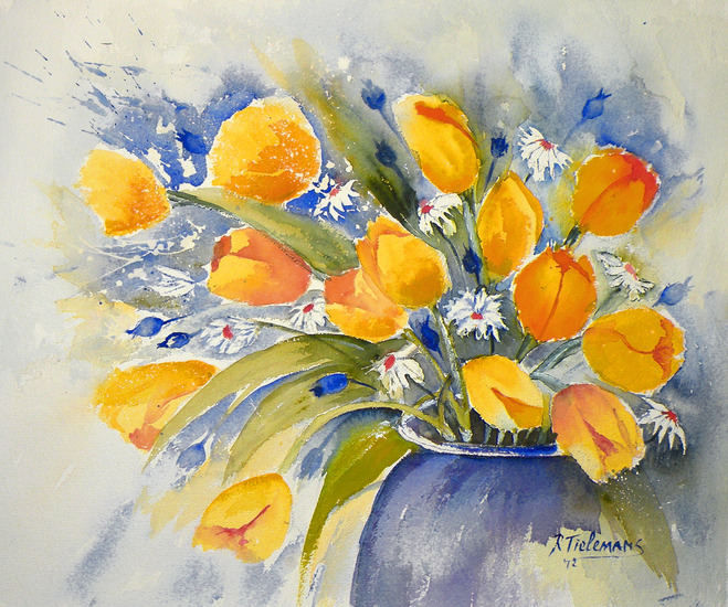 Tulpenboeket, aquarel van bloemen