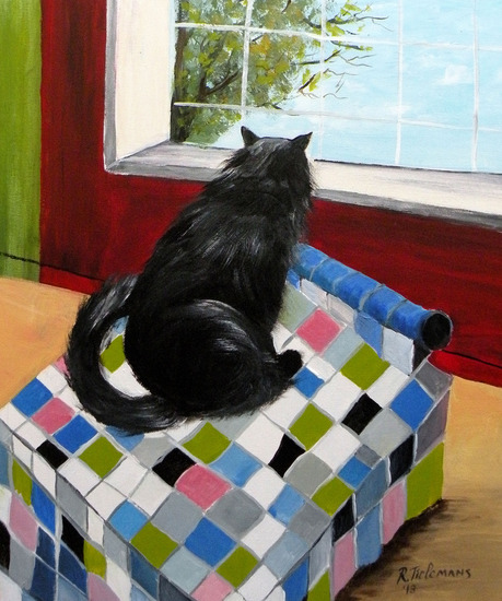 Kat bij het Raam, acrylverfschilderij
