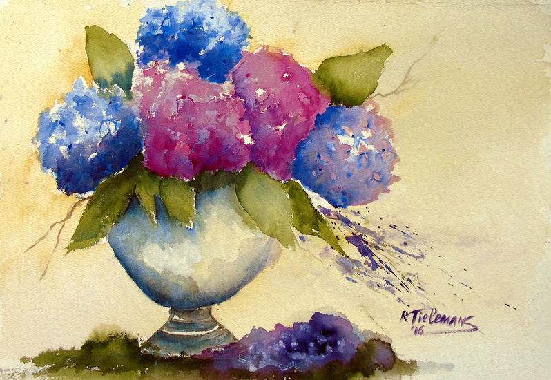 Hortensia's in Vaas, aquarel van bloemen in vaas