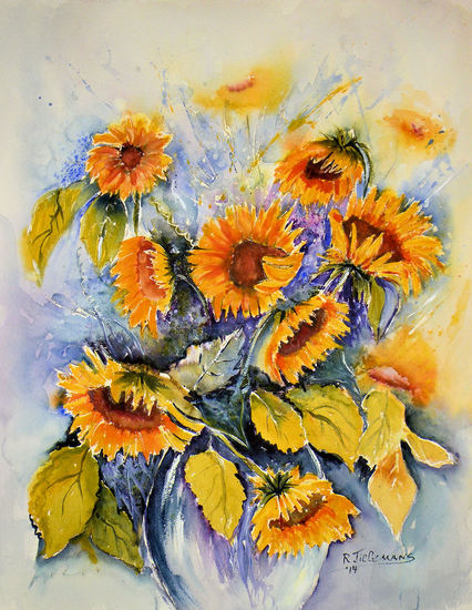 Zonnebloemen in Vaas, aquarel van bloemen.
